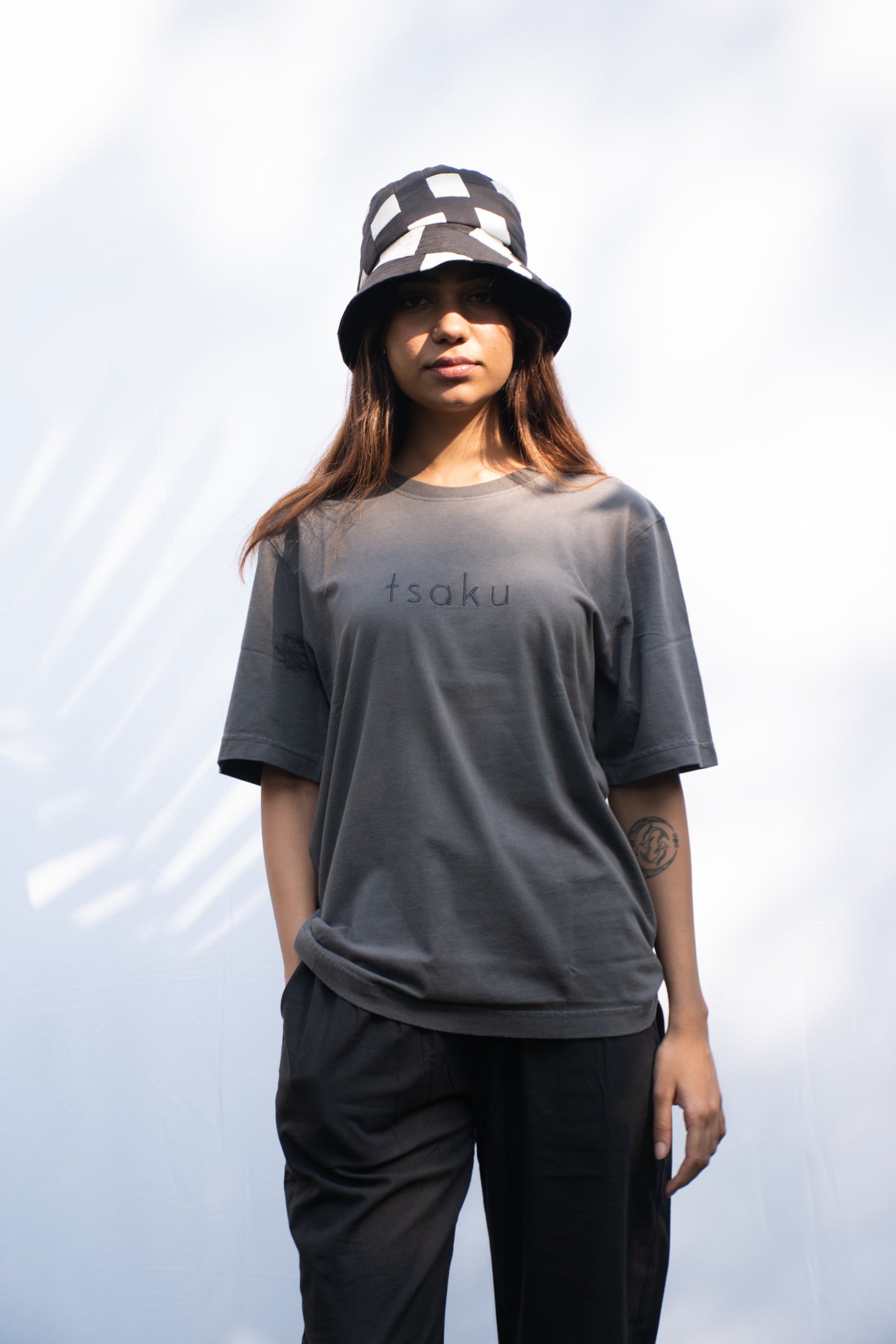 Grey oversized t-shirt with rectangle patchwork