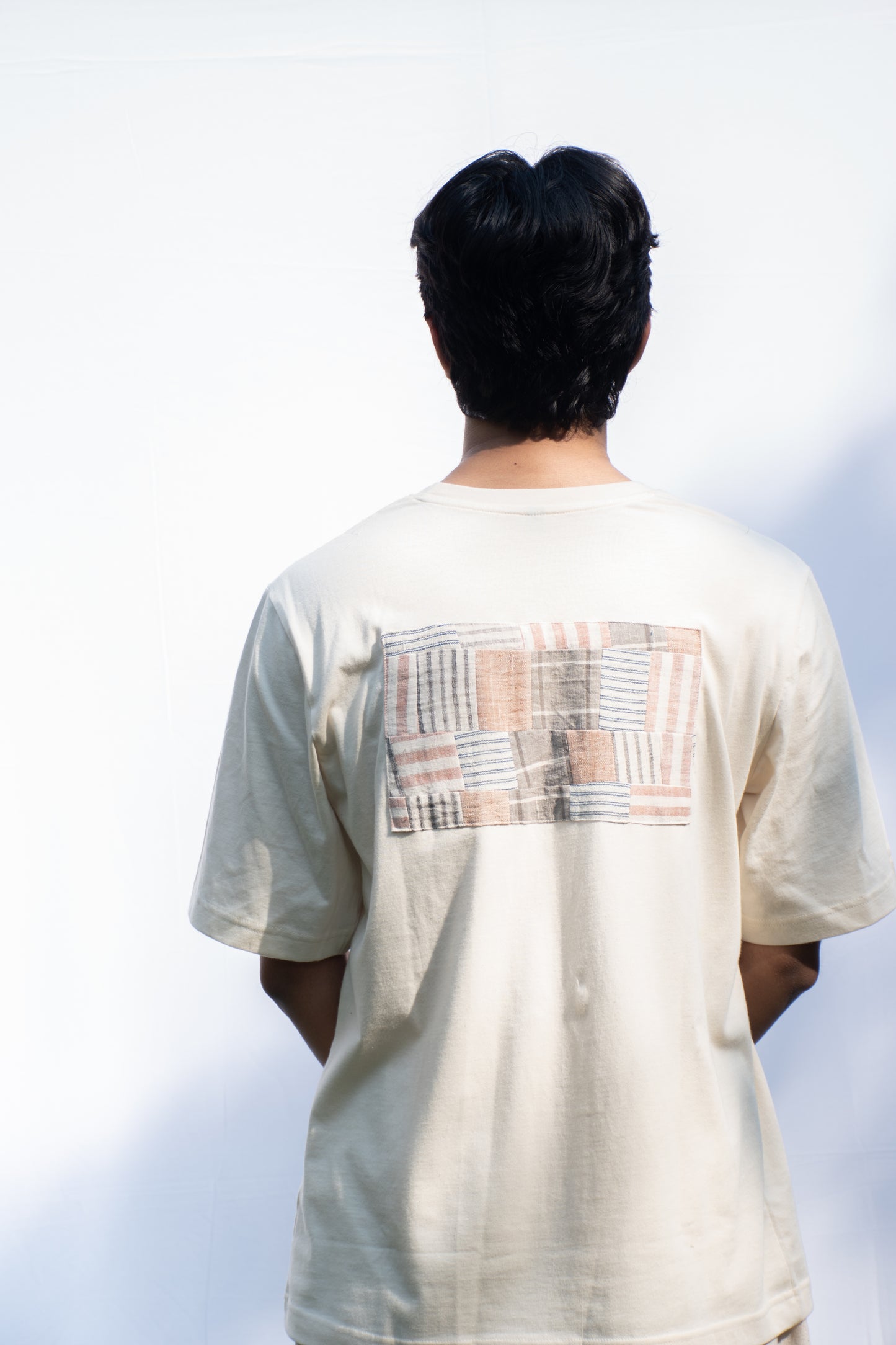 Ecru oversized t-shirt with rectangle patchwork
