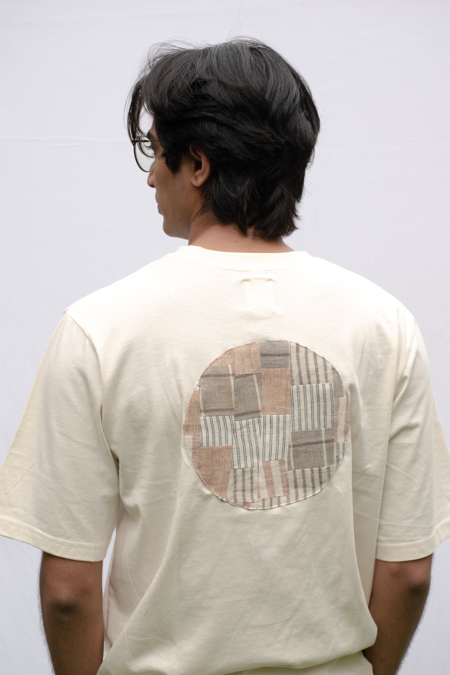 Ecru oversized t-shirt with circle patchwork