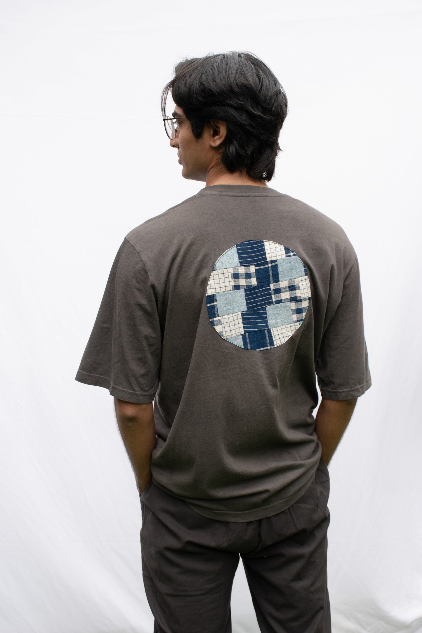 Grey oversized t-shirt with circle patchwork