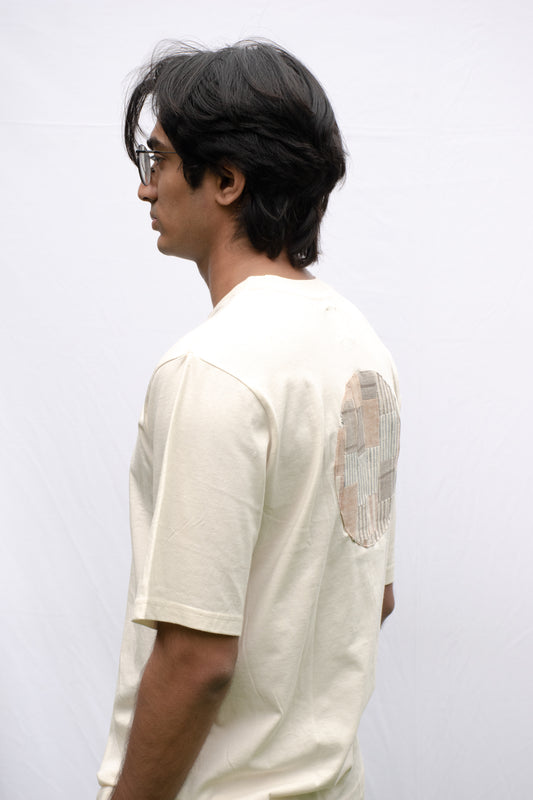 Ecru oversized t-shirt with circle patchwork