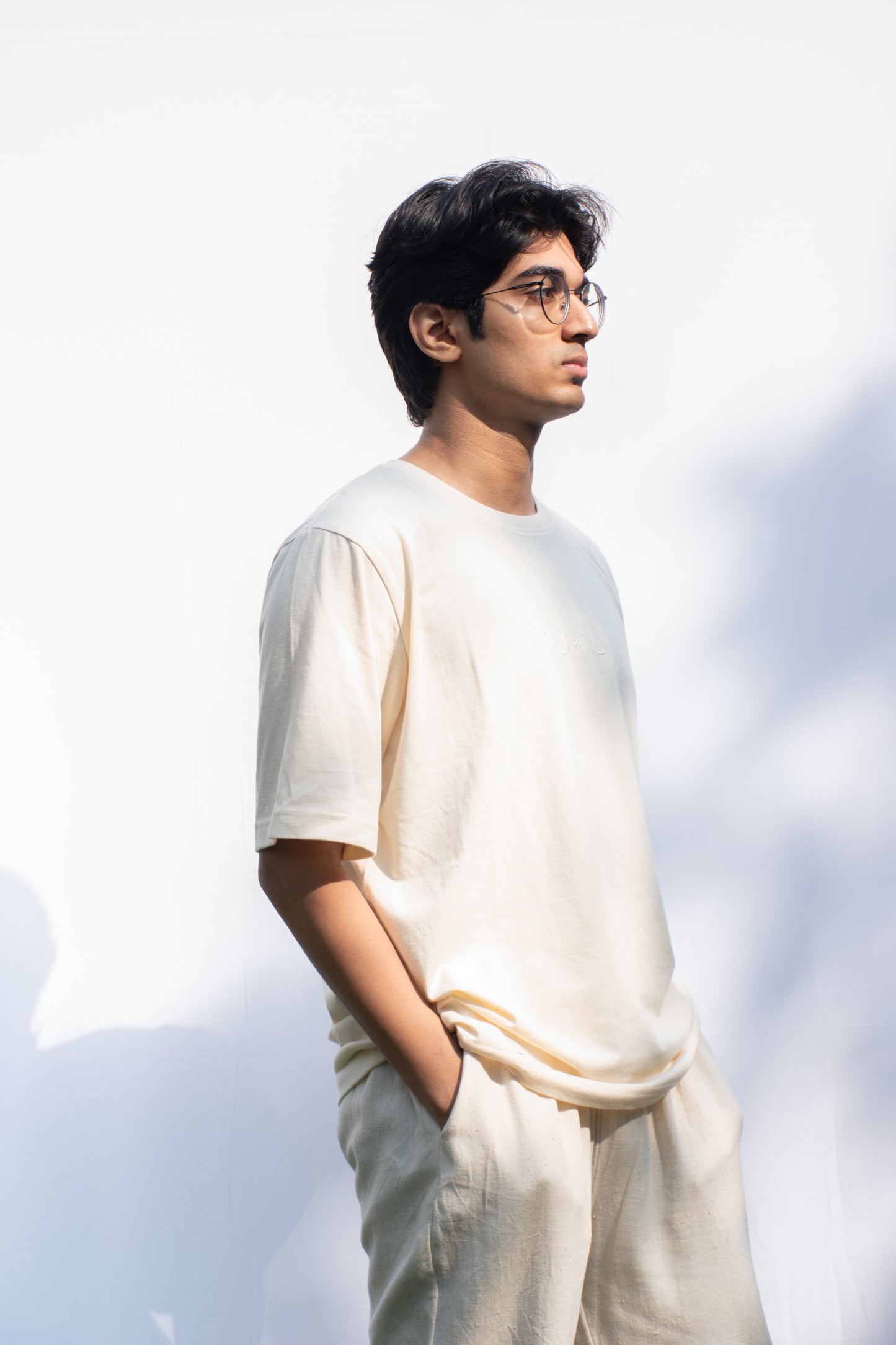 Ecru oversized t-shirt with rectangle patchwork